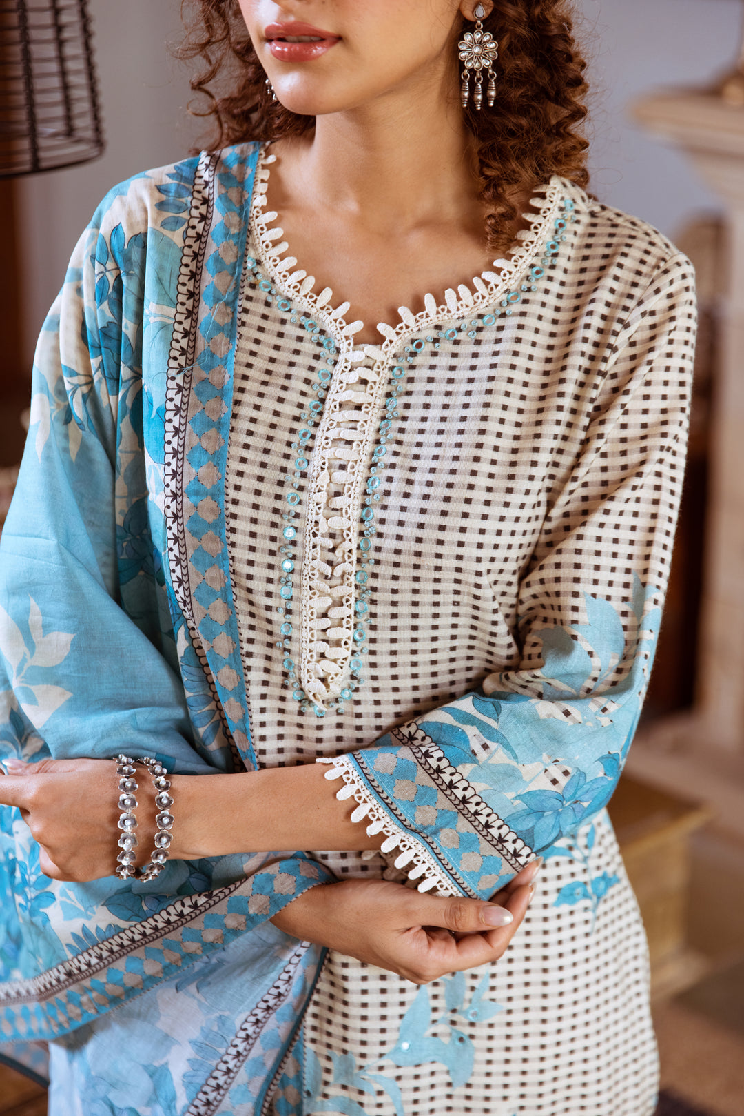 Women's Beige::Blue Cotton Kurta Palazzo and Dupatta Set