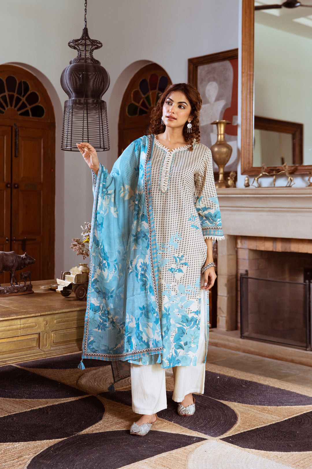 Women's Beige::Blue Cotton Kurta Palazzo and Dupatta Set