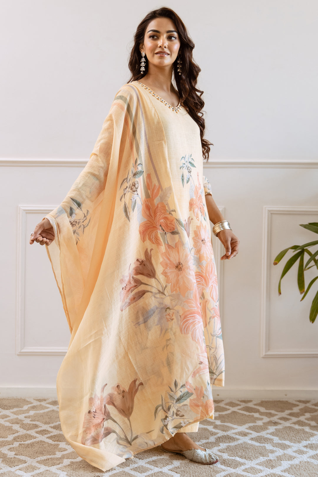 Women's Yellow Linen Kurta Palazzo and Dupatta Set