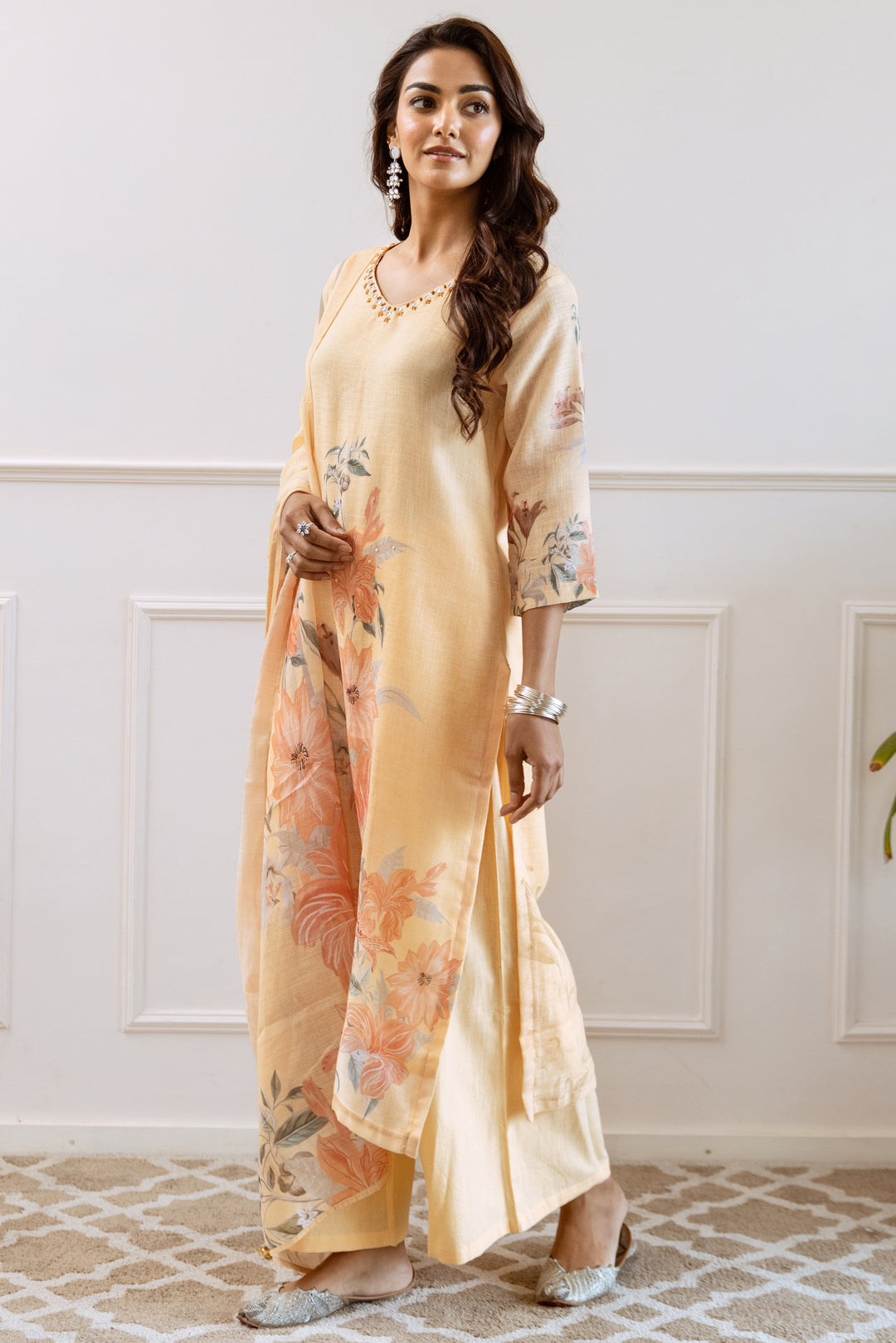 Women's Yellow Linen Kurta Palazzo and Dupatta Set