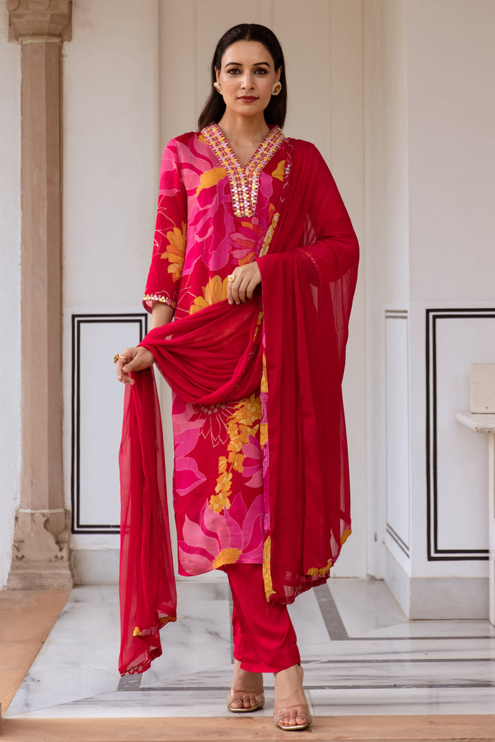 womens Rani pink Chinon Kurta Pant and Dupatta Set