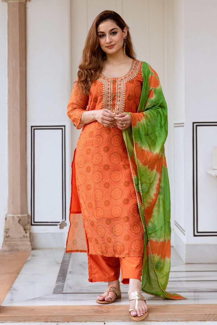 womens Orange Organza Kurta Pant and Dupatta Set