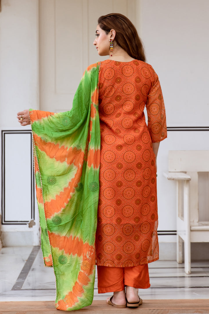 womens Orange Organza Kurta Pant and Dupatta Set