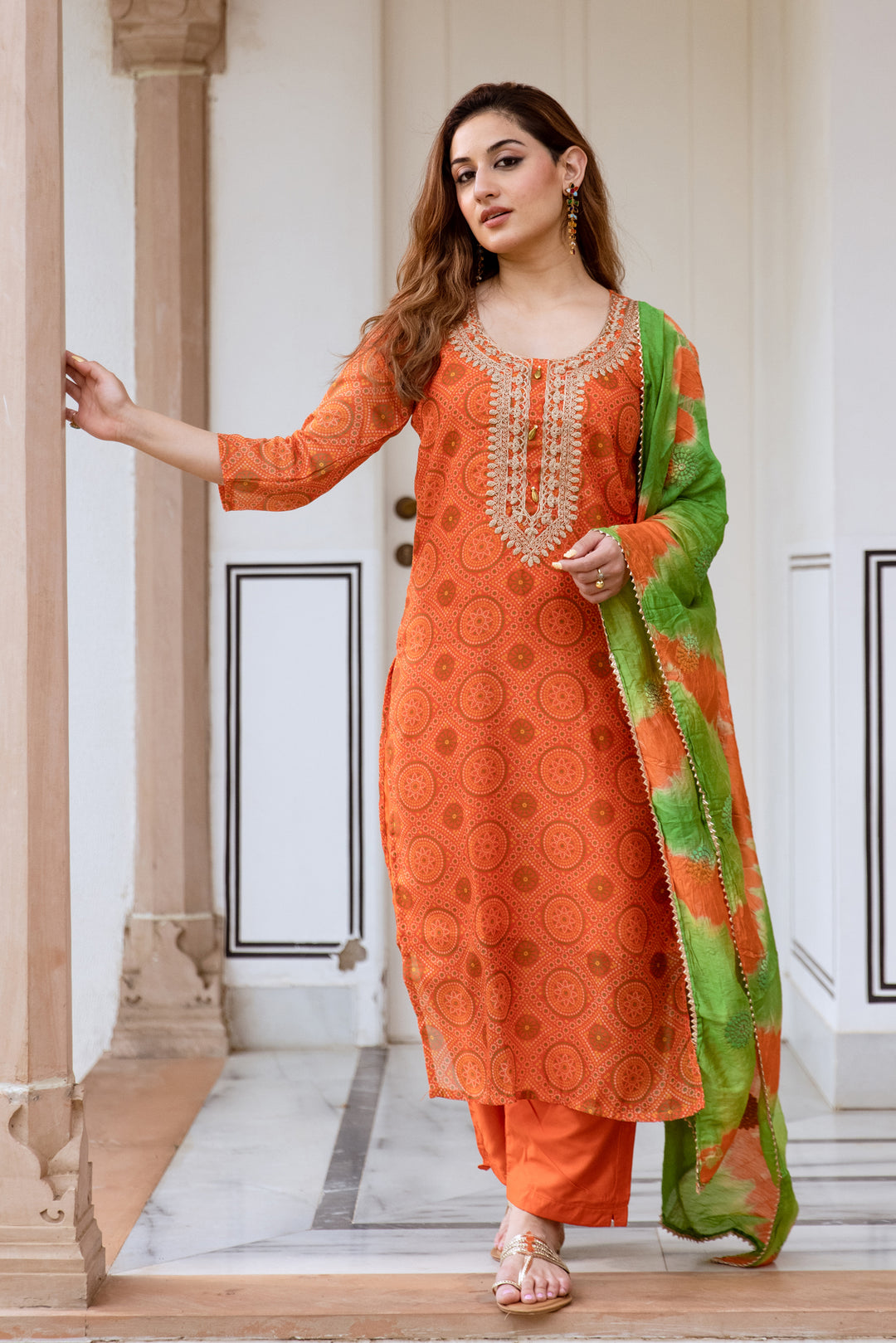 womens Orange Organza Kurta Pant and Dupatta Set