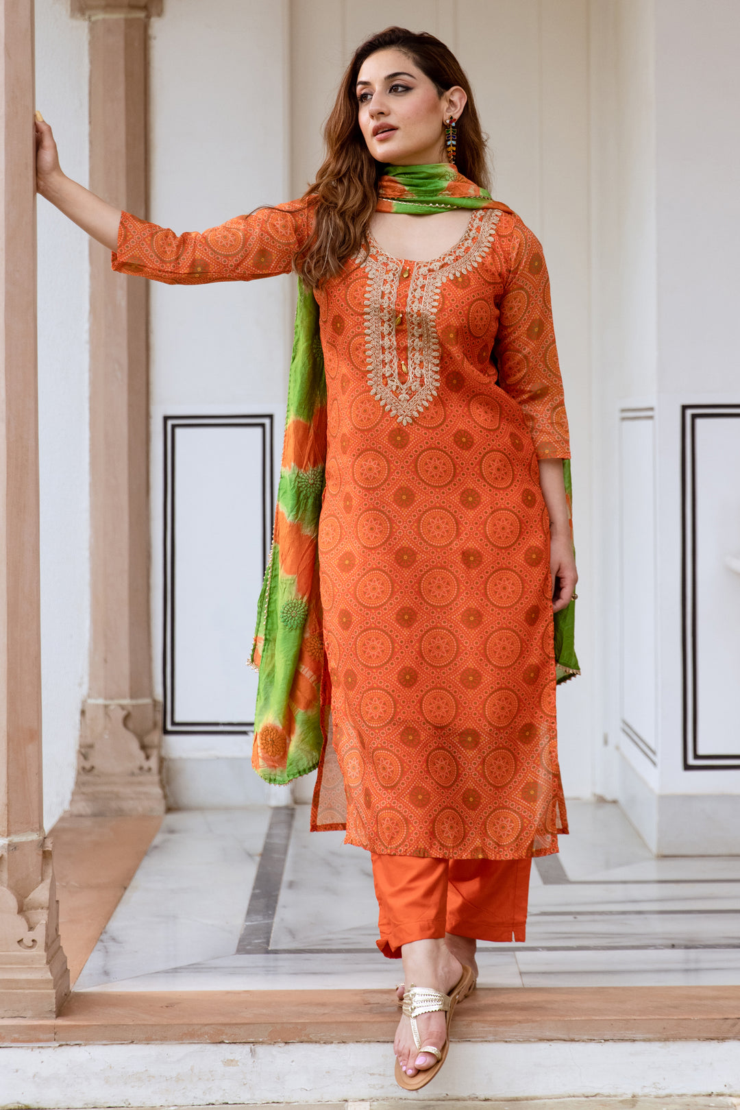 womens Orange Organza Kurta Pant and Dupatta Set