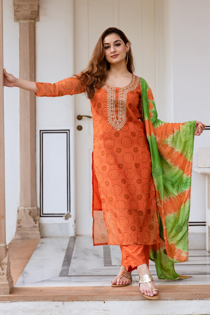 womens Orange Organza Kurta Pant and Dupatta Set