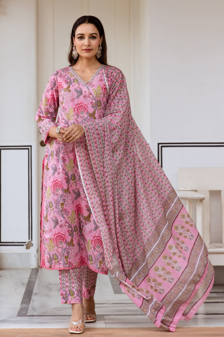 womens Pink Cotton Kurta Pant and Dupatta Set