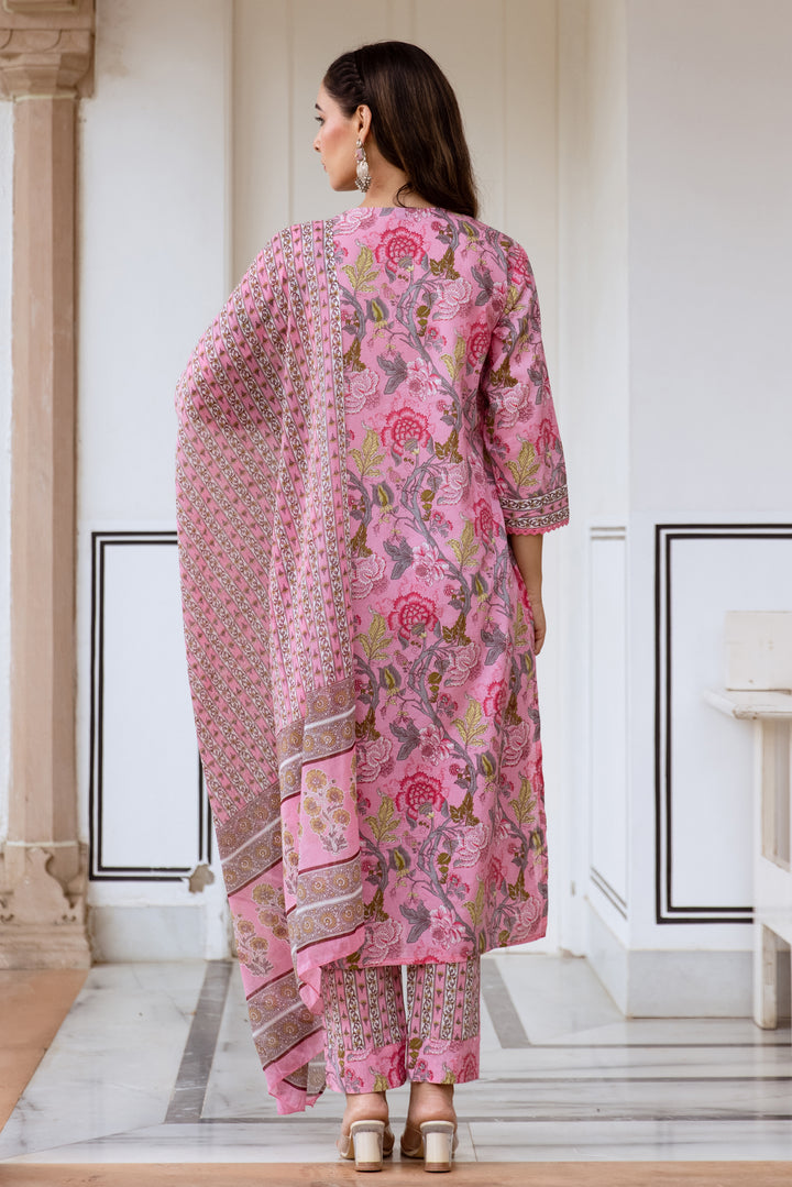 womens Pink Cotton Kurta Pant and Dupatta Set