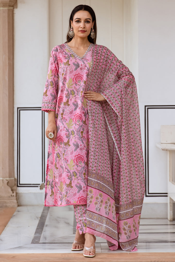 womens Pink Cotton Kurta Pant and Dupatta Set