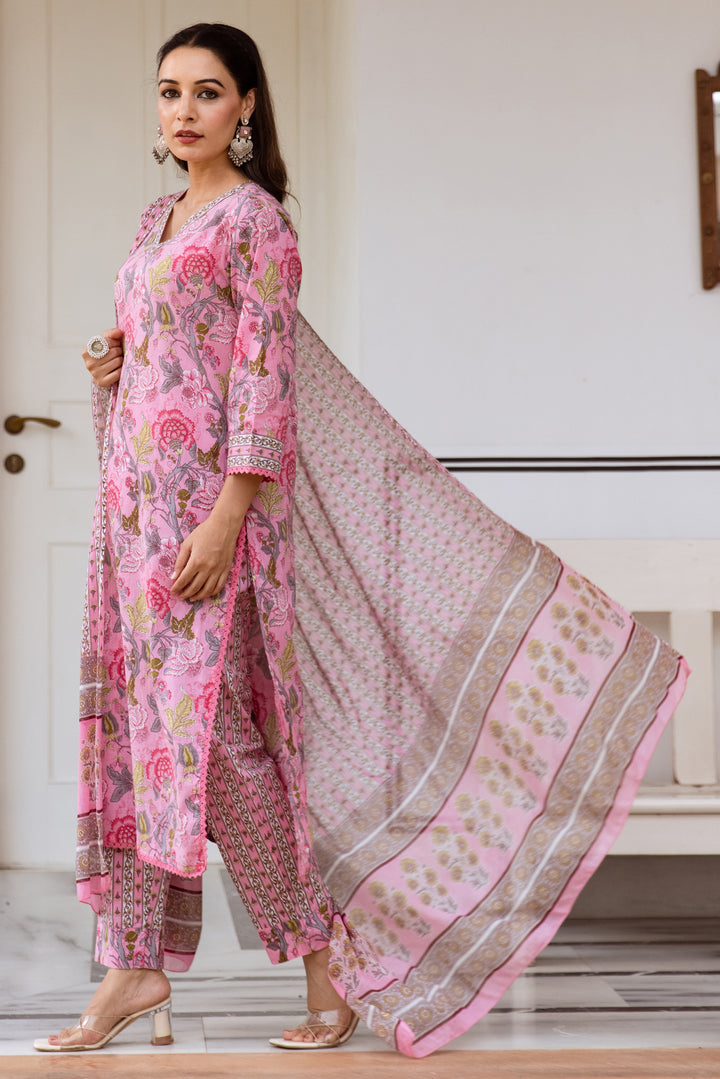 womens Pink Cotton Kurta Pant and Dupatta Set