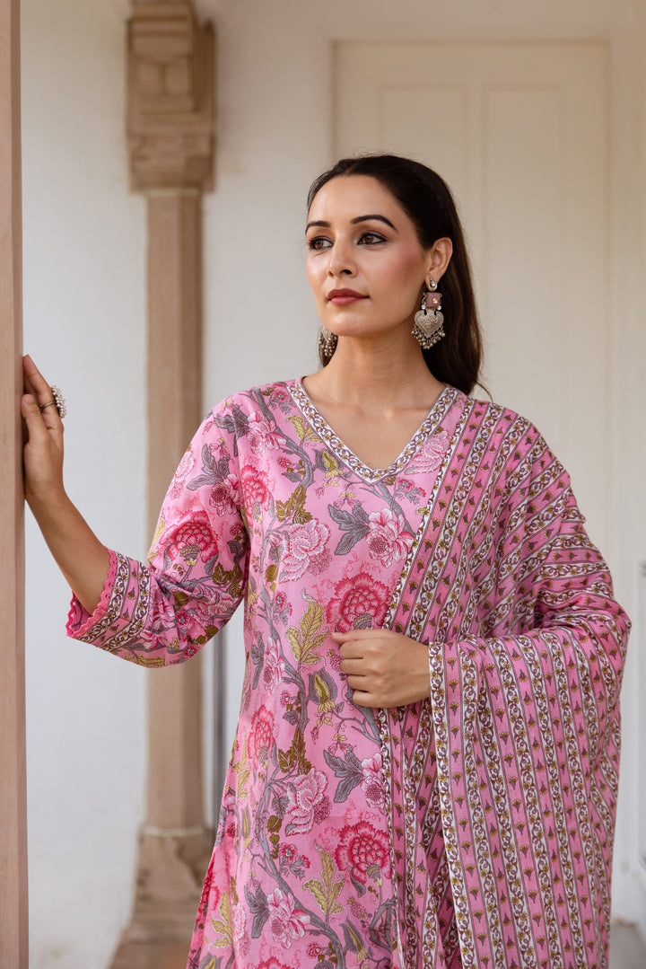 womens Pink Cotton Kurta Pant and Dupatta Set