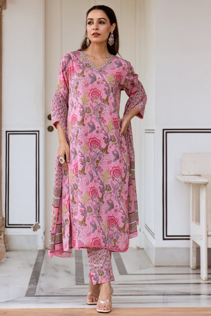 womens Pink Cotton Kurta Pant and Dupatta Set