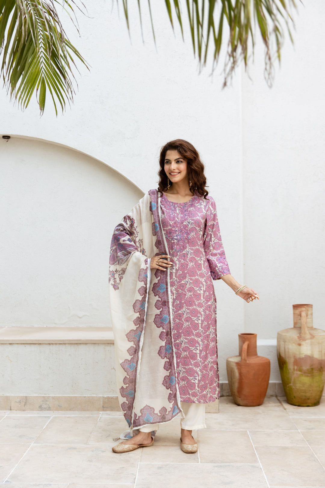 womens Cream::Purple Modal Chanderi Kurta Pant and Dupatta Set