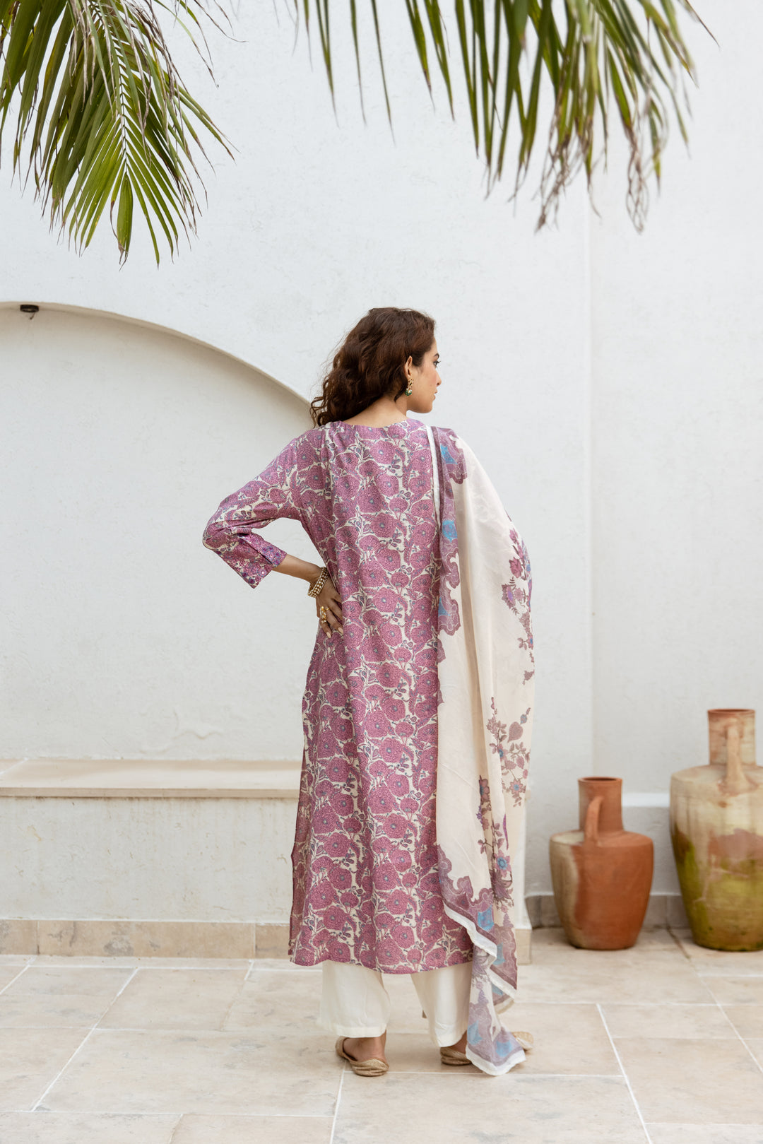 womens Cream::Purple Modal Chanderi Kurta Pant and Dupatta Set