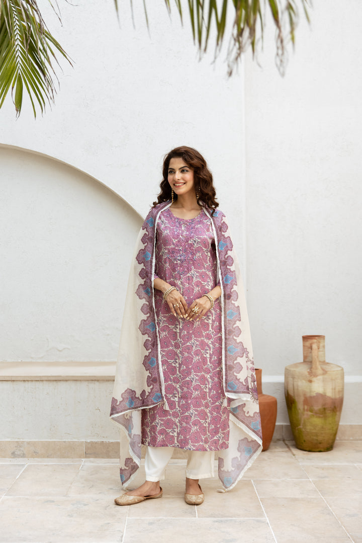 womens Cream::Purple Modal Chanderi Kurta Pant and Dupatta Set