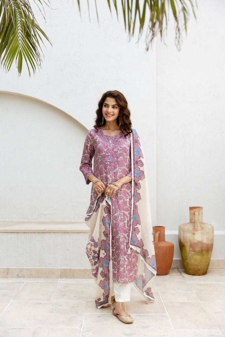 womens Cream::Purple Modal Chanderi Kurta Pant and Dupatta Set