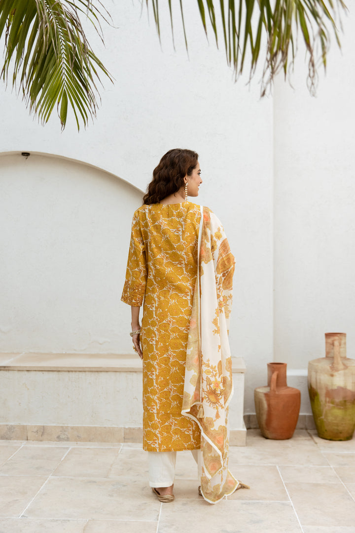 womens Cream::Mustard Modal Chanderi Kurta Pant and Dupatta Set