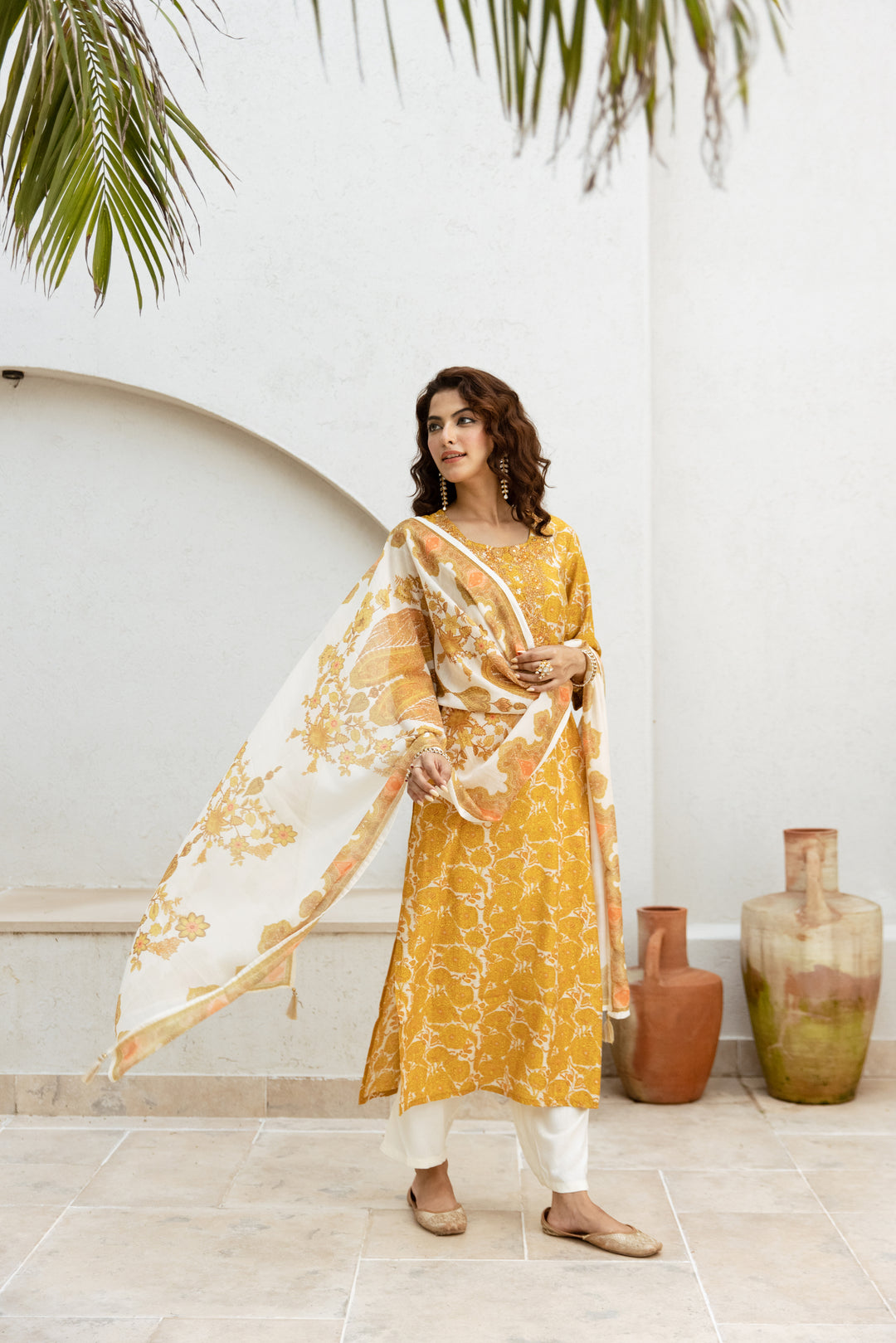 womens Cream::Mustard Modal Chanderi Kurta Pant and Dupatta Set