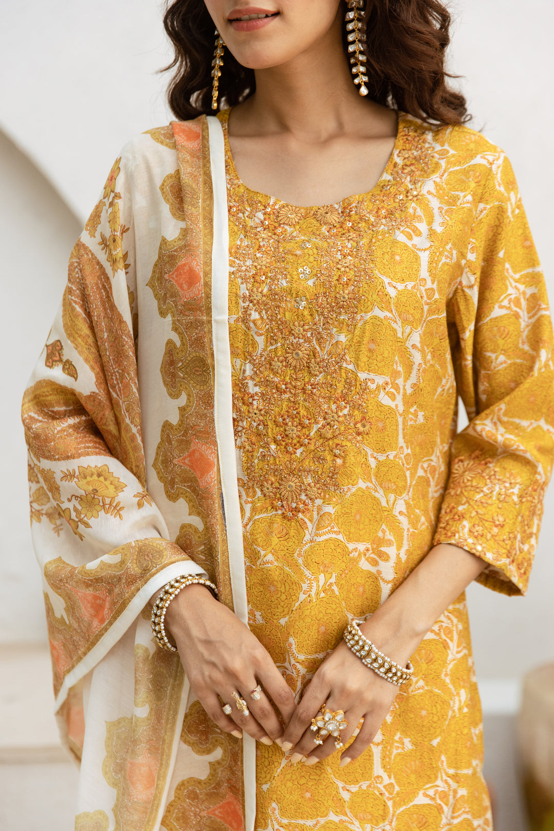 womens Cream::Mustard Modal Chanderi Kurta Pant and Dupatta Set