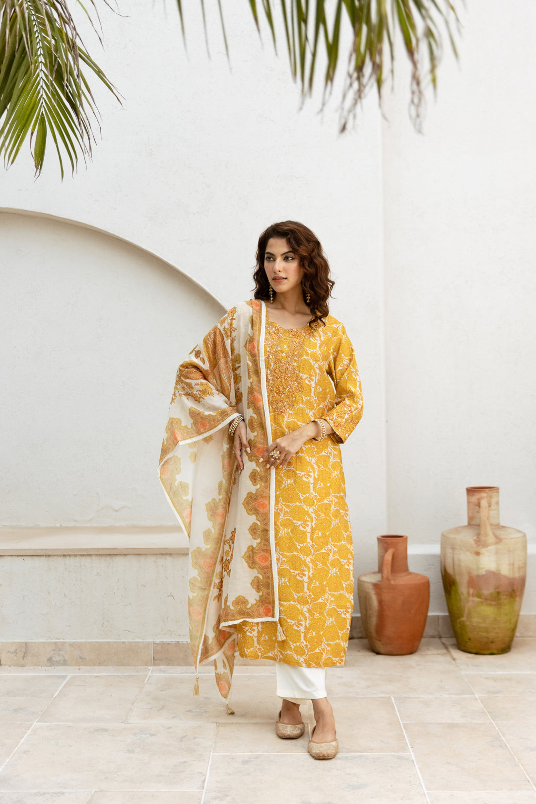 womens Cream::Mustard Modal Chanderi Kurta Pant and Dupatta Set