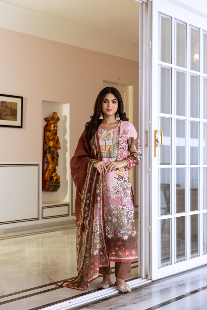 womens Peach Modal Shimmer Kurta Pant and Dupatta Set