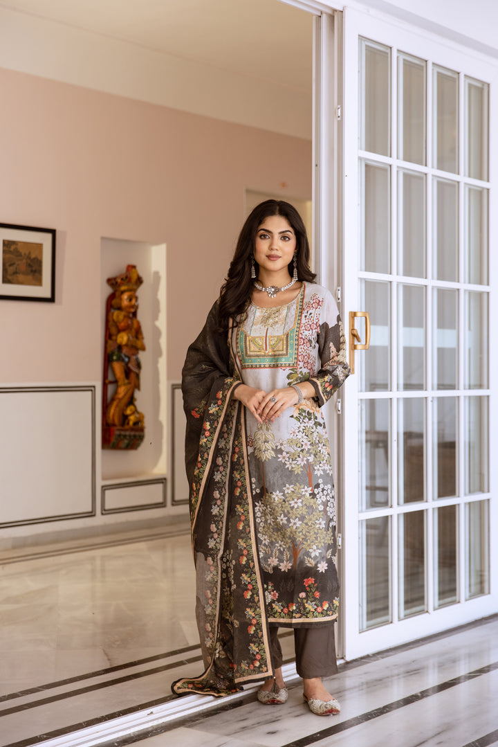 womens Grey Modal Shimmer Kurta Pant and Dupatta Set