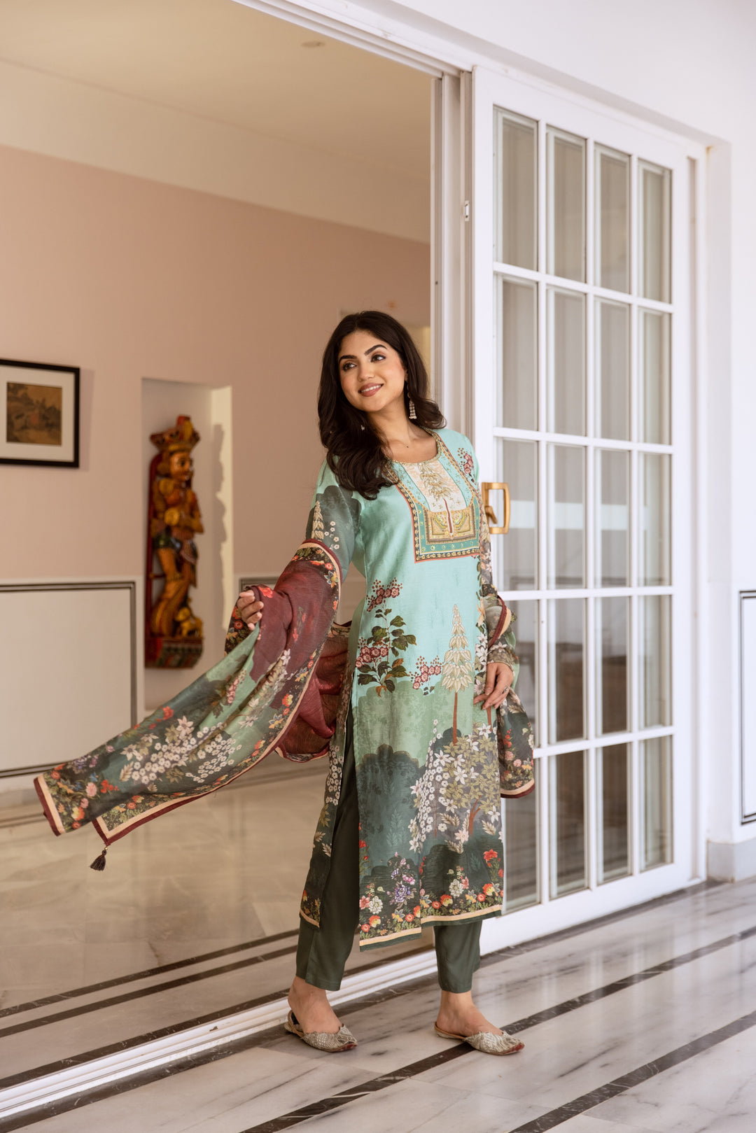 womens Green Modal Shimmer Kurta Pant and Dupatta Set