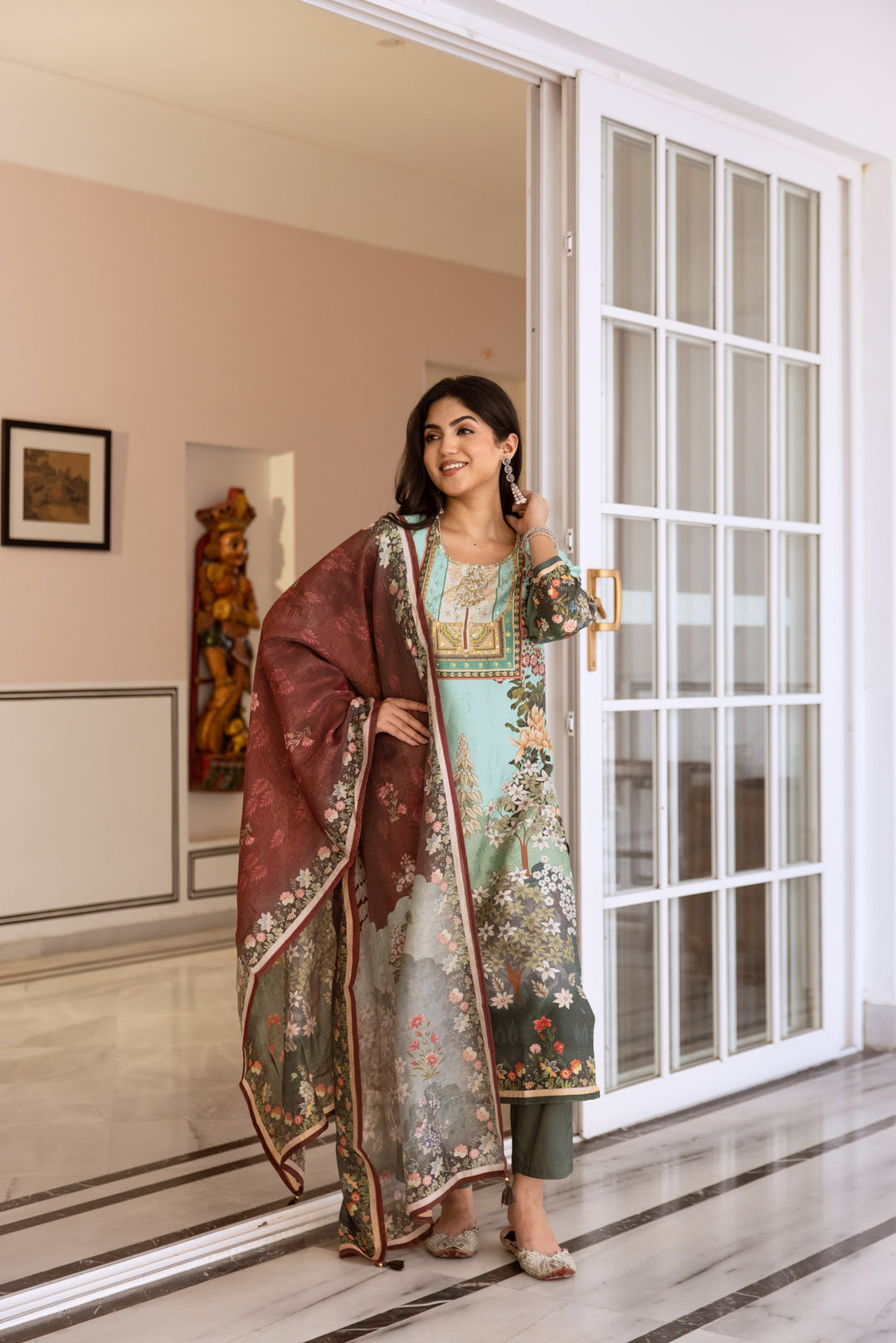 womens Green Modal Shimmer Kurta Pant and Dupatta Set