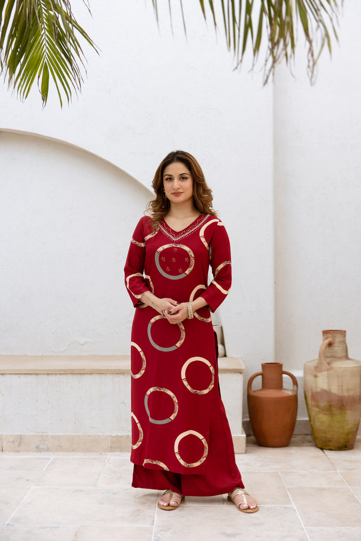 womens Maroon Rayon Kurta Palazzo Set