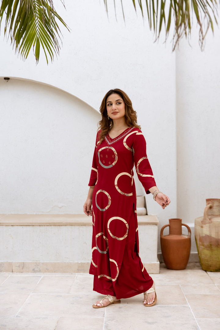 womens Maroon Rayon Kurta Palazzo Set