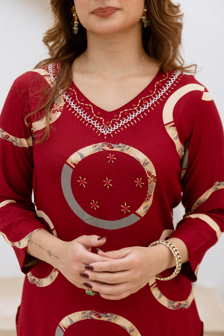 womens Maroon Rayon Kurta Palazzo Set