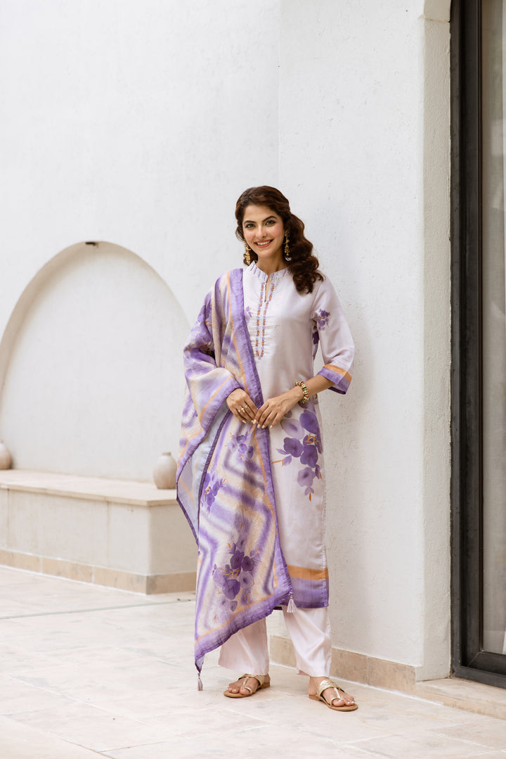 womens Light Purple Chanderi Kurta Palazzo and Dupatta Set