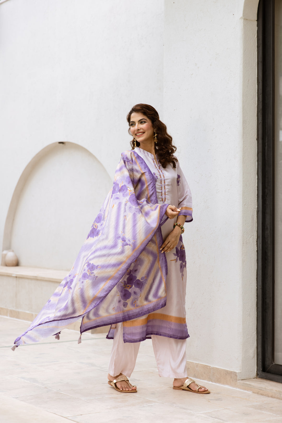 womens Light Purple Chanderi Kurta Palazzo and Dupatta Set