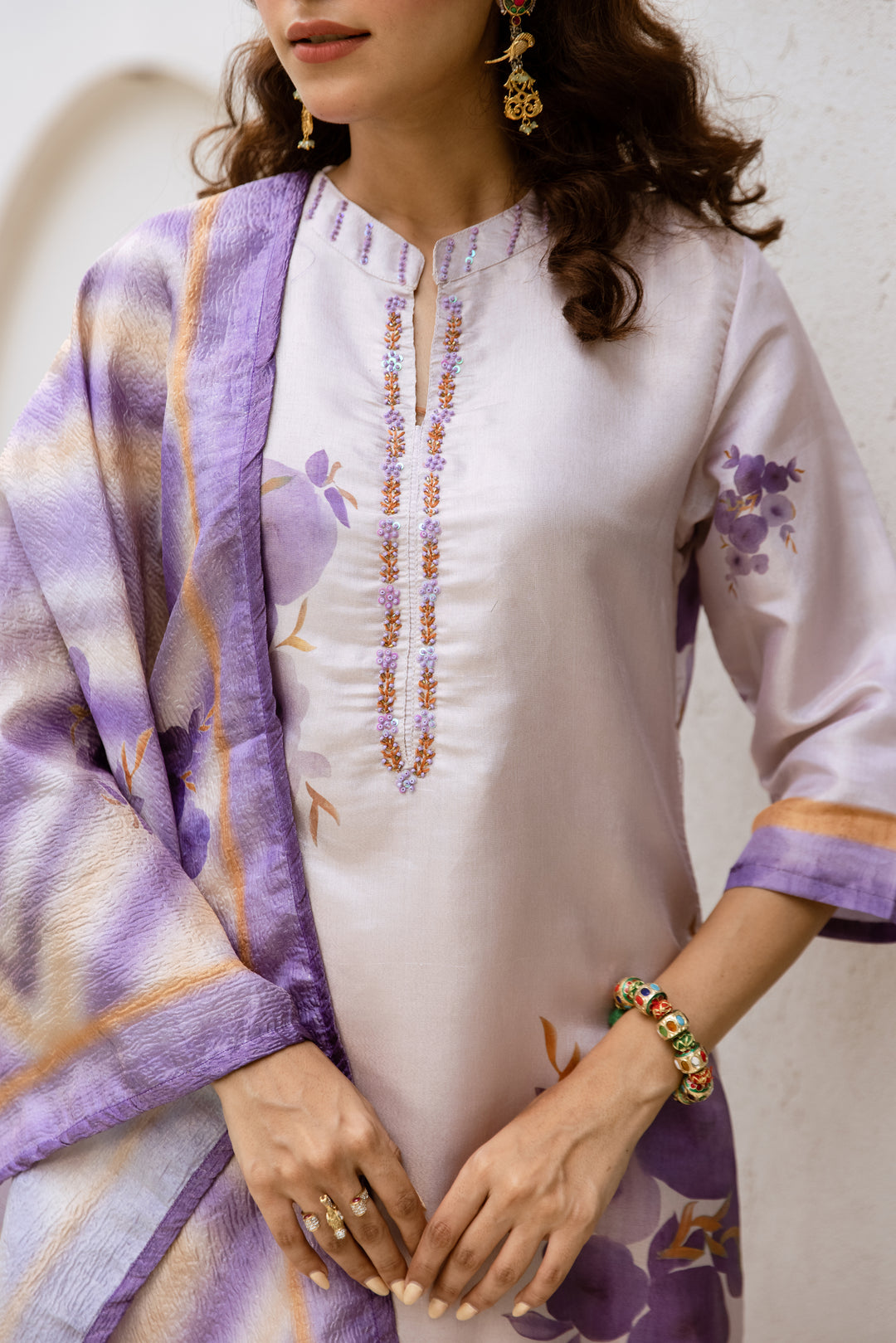 womens Light Purple Chanderi Kurta Palazzo and Dupatta Set