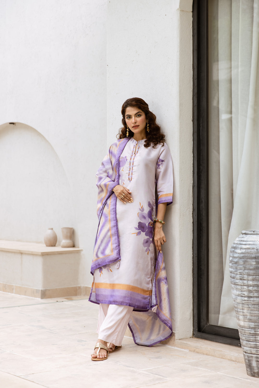 womens Light Purple Chanderi Kurta Palazzo and Dupatta Set