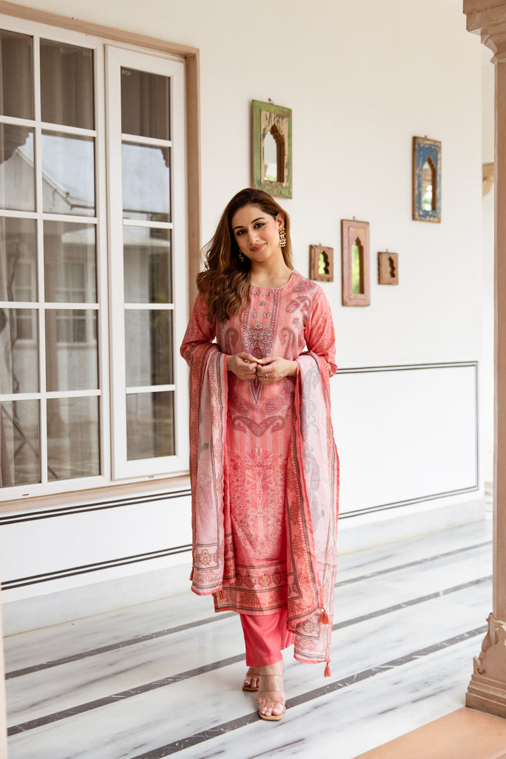 womens Peach Modal Shimmer Kurta Pant and Dupatta Set