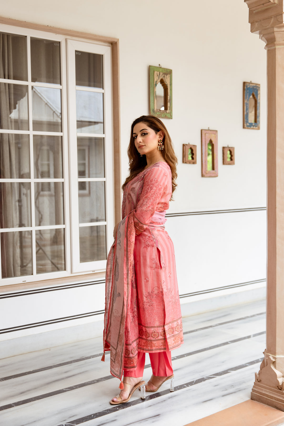 womens Peach Modal Shimmer Kurta Pant and Dupatta Set