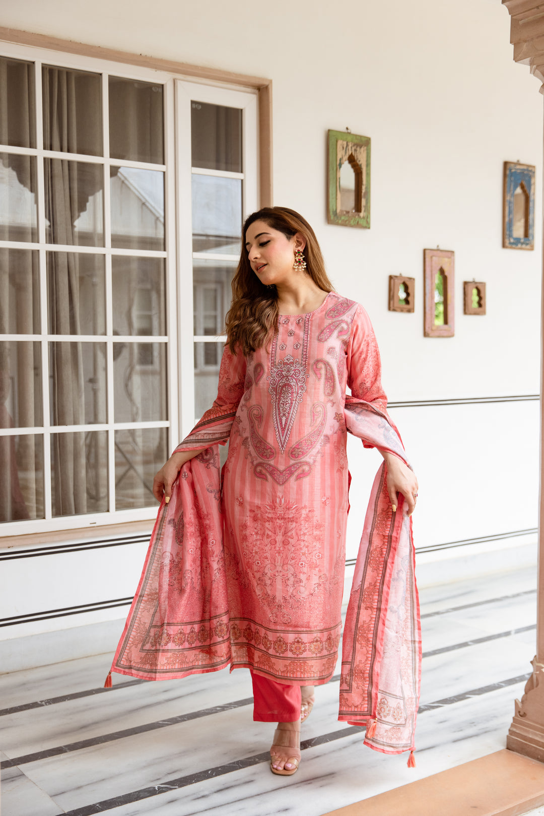 womens Peach Modal Shimmer Kurta Pant and Dupatta Set