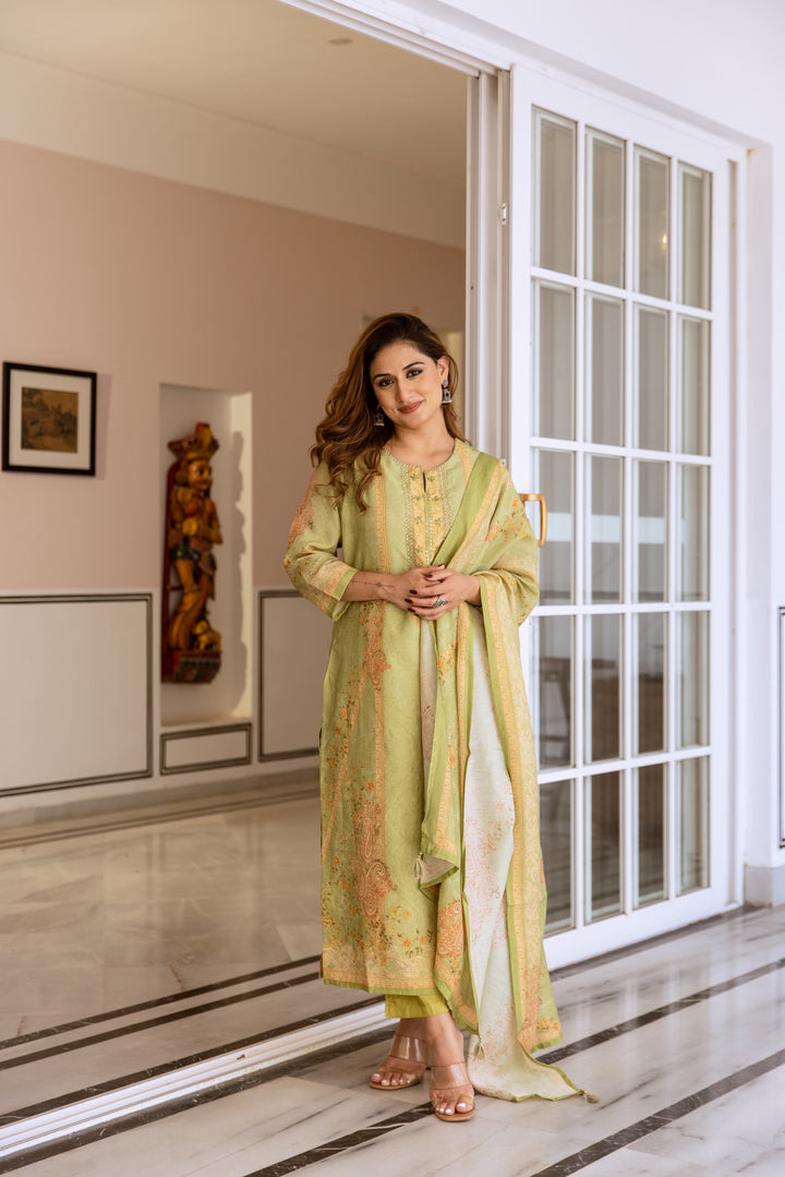 womens Green Modal Shimmer Kurta Pant and Dupatta Set