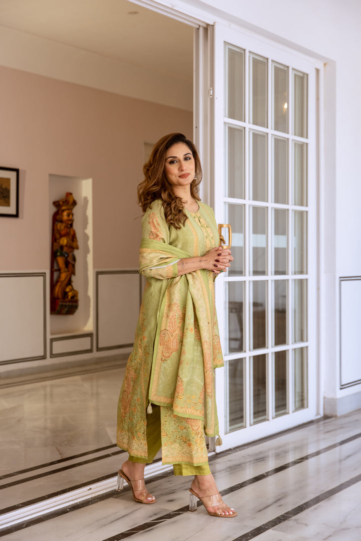 womens Green Modal Shimmer Kurta Pant and Dupatta Set