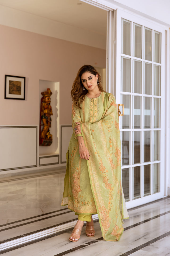 womens Green Modal Shimmer Kurta Pant and Dupatta Set