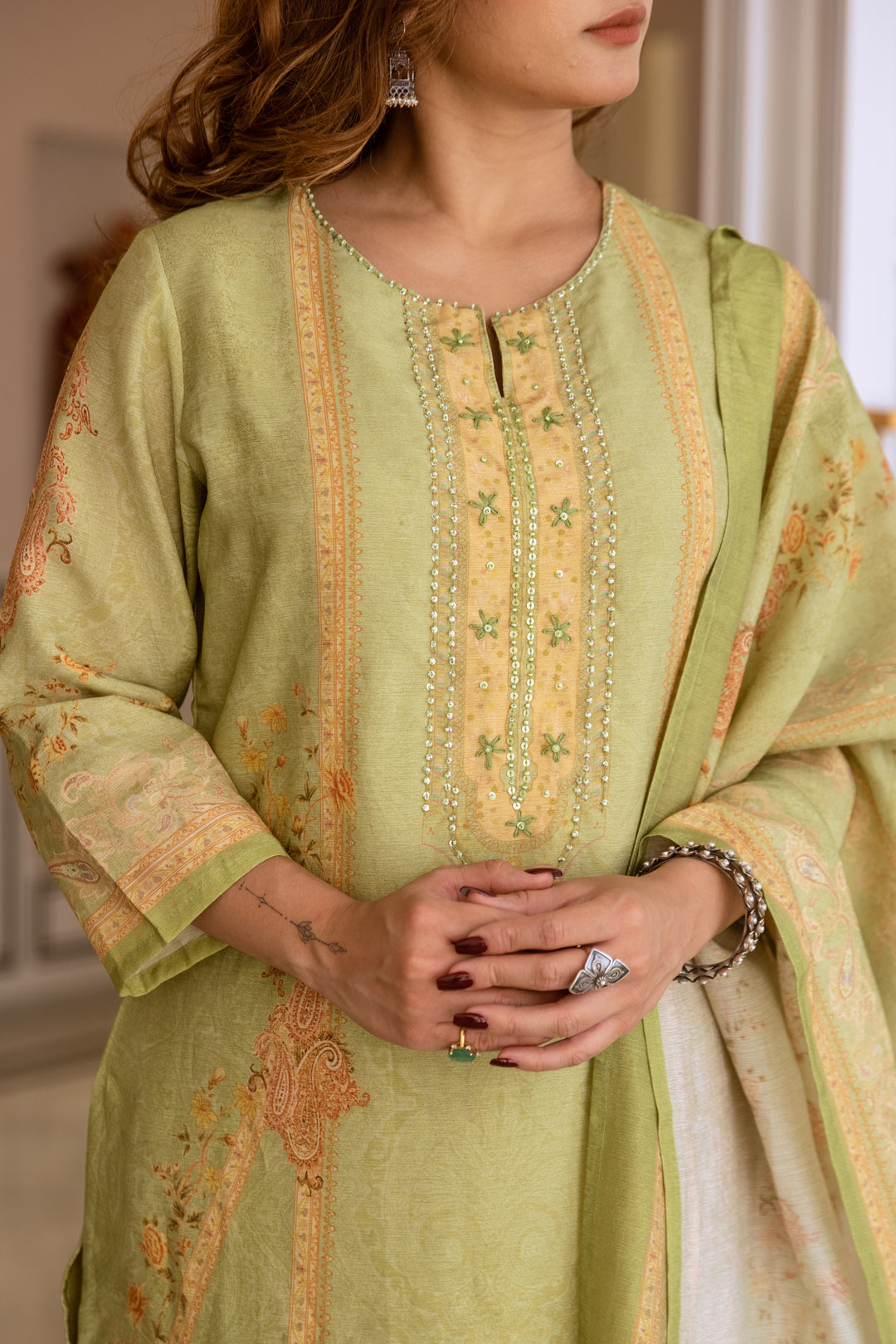 womens Green Modal Shimmer Kurta Pant and Dupatta Set