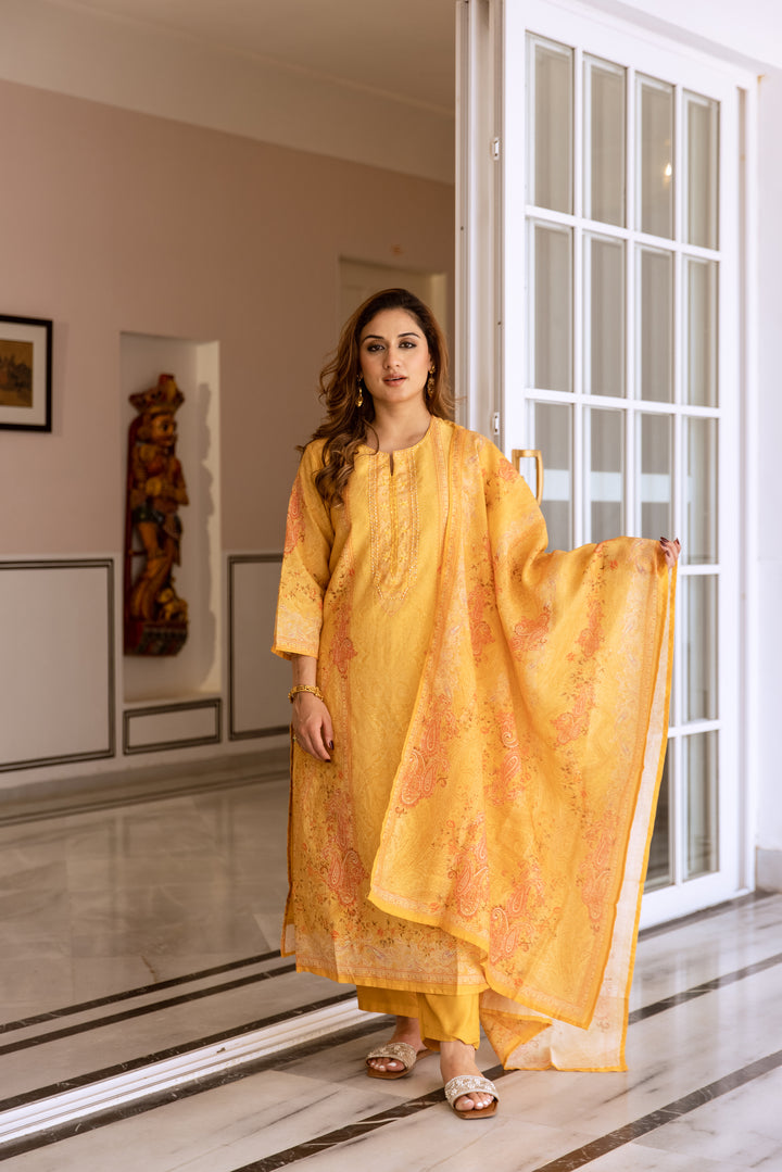 womens Mustard Modal Shimmer Kurta Pant and Dupatta Set