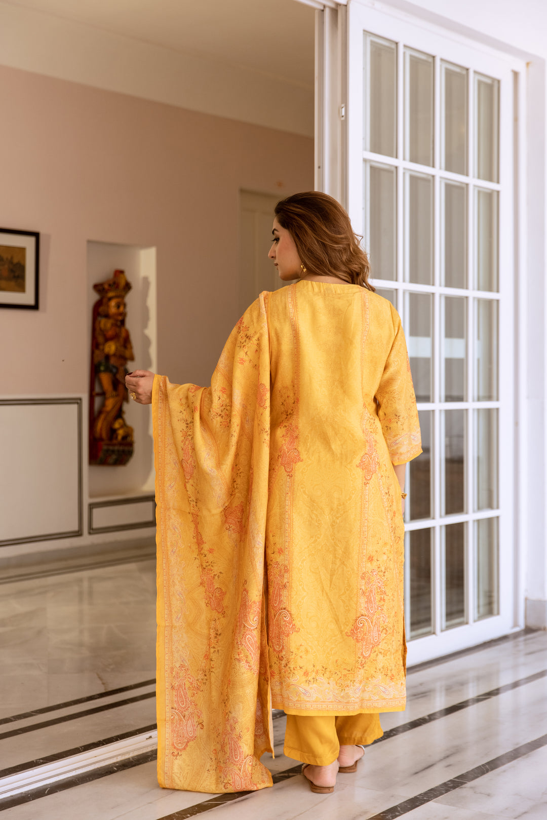 womens Mustard Modal Shimmer Kurta Pant and Dupatta Set