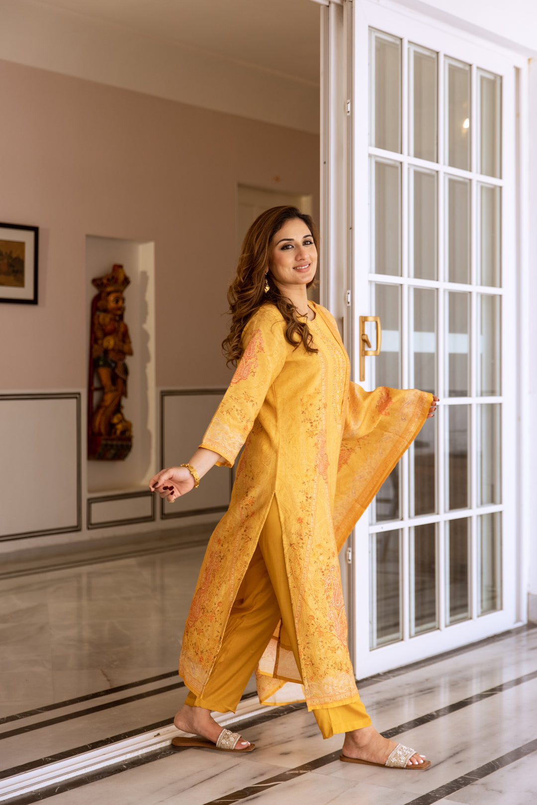 womens Mustard Modal Shimmer Kurta Pant and Dupatta Set