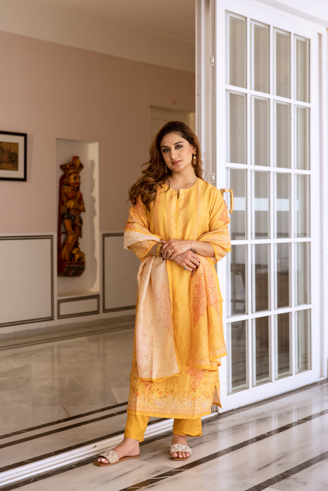 womens Mustard Modal Shimmer Kurta Pant and Dupatta Set