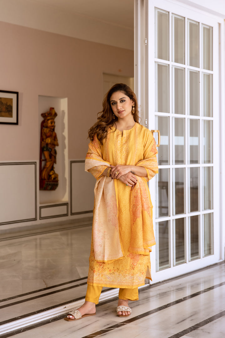 womens Mustard Modal Shimmer Kurta Pant and Dupatta Set