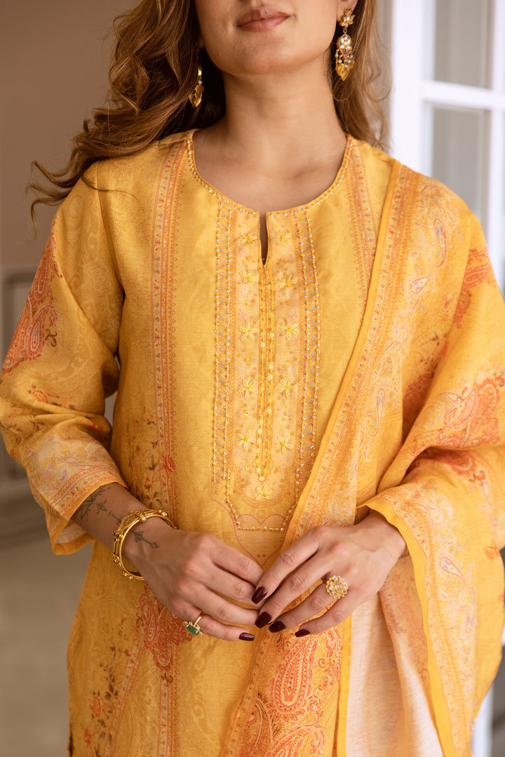 womens Mustard Modal Shimmer Kurta Pant and Dupatta Set