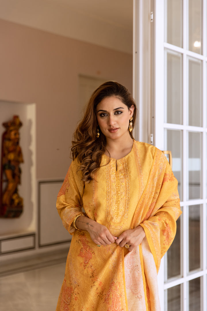 womens Mustard Modal Shimmer Kurta Pant and Dupatta Set