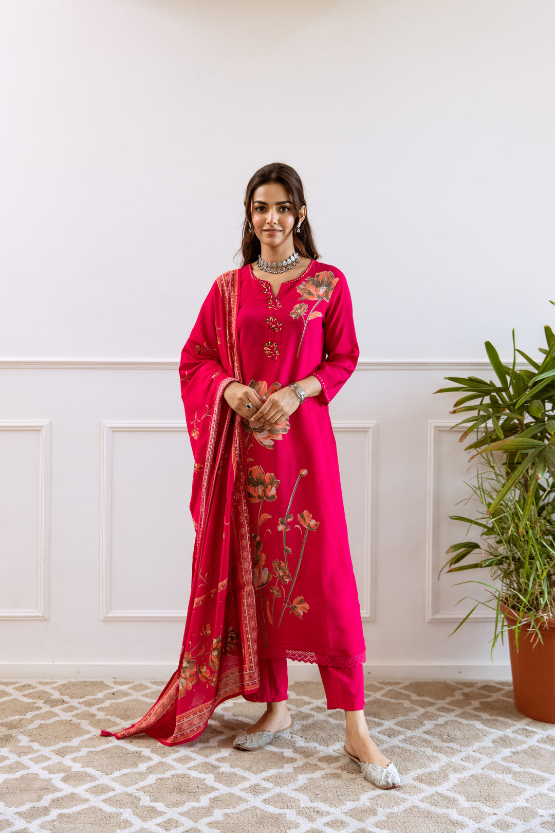 womens Pink Modal Muslin Kurta Pant and Dupatta Set